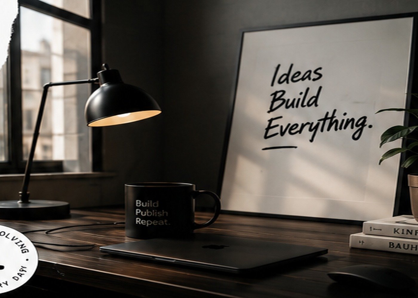 A dark creative workspace with a desk, lamp and framed artwork